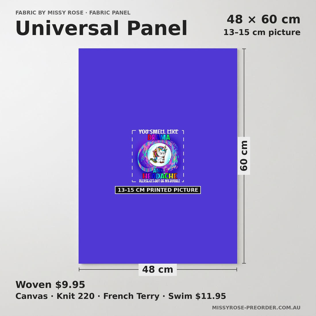 Design 852 Drama Panel universal panel sizing – 13–15 cm printed picture on 48 × 60 cm fabric | Fabric by Missy Rose