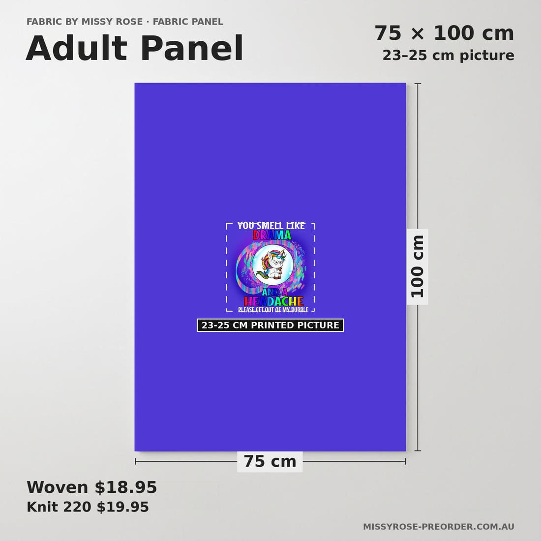 Design 852 Drama Panel adult panel sizing – 23–25 cm printed picture on 75 × 100 cm fabric | Fabric by Missy Rose