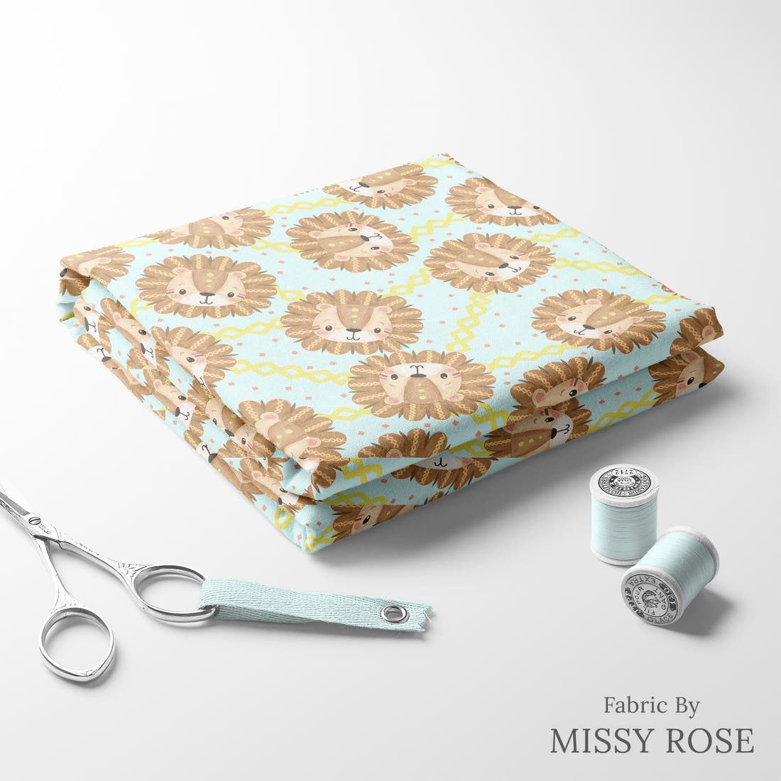 Design 853 Cute Lions Fabric folded fabric stack with matching thread – pre-order fabric Australia | Fabric by Missy Rose