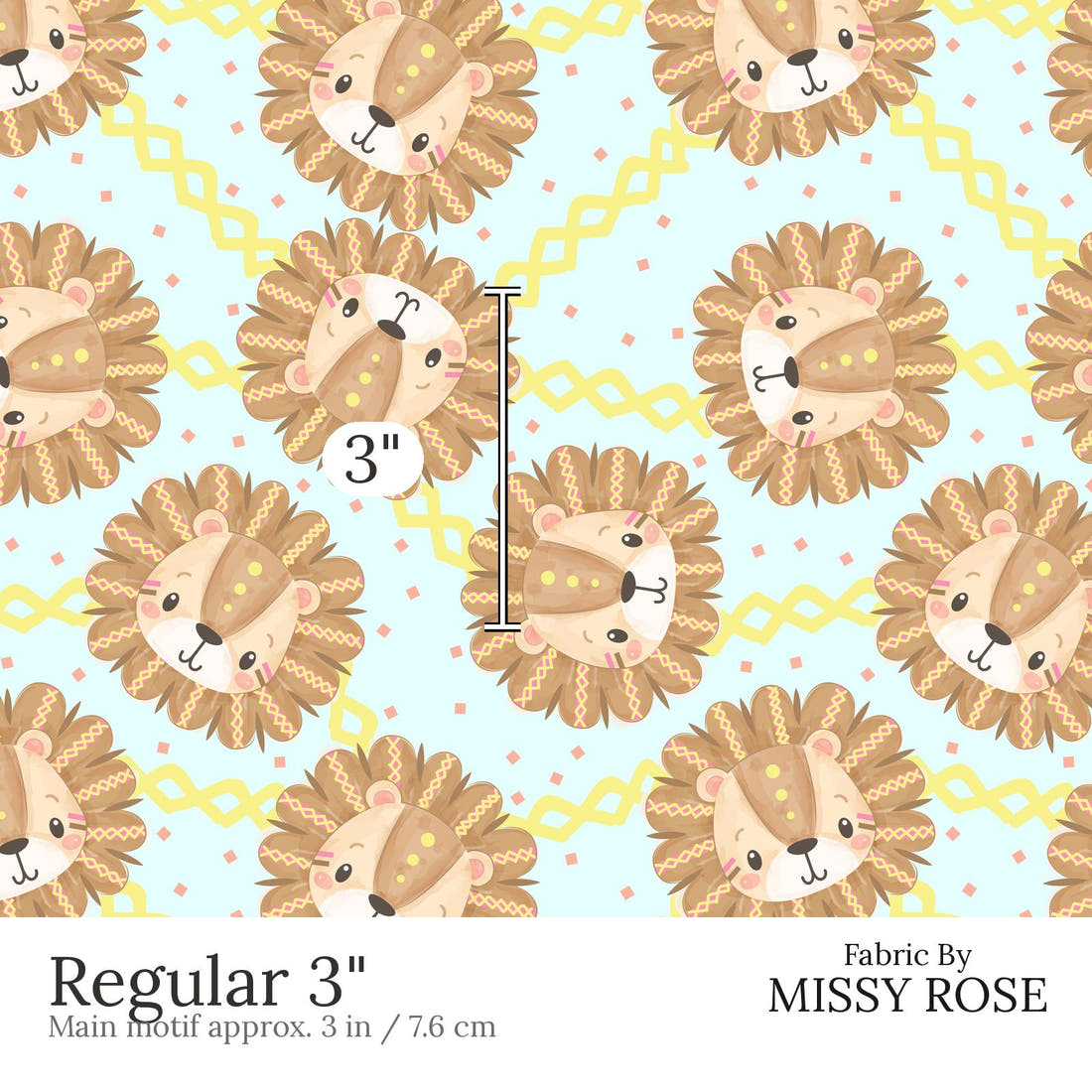 Design 853 Cute Lions Fabric Regular 3 inch print scale guide | Fabric by Missy Rose