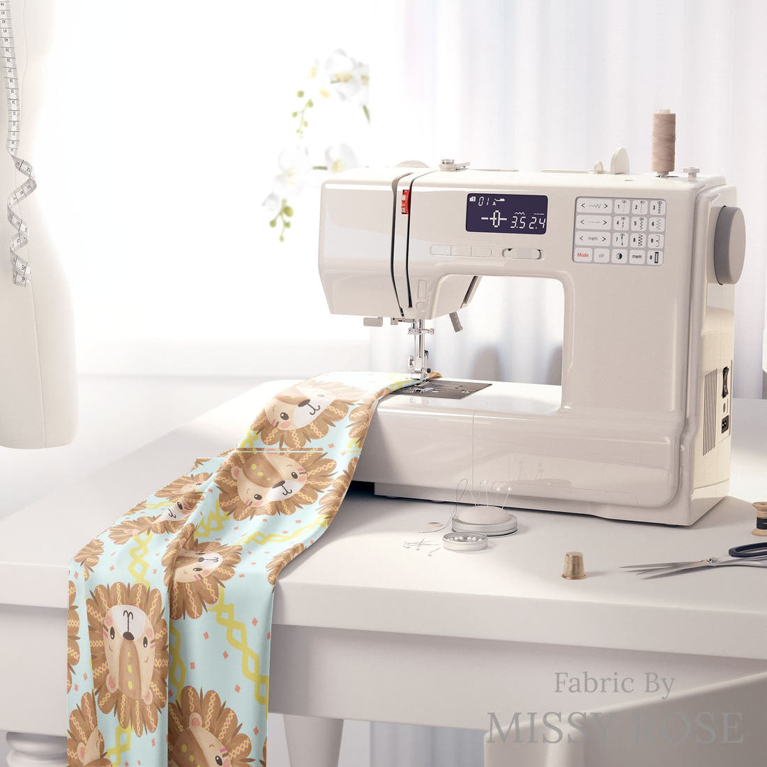 Design 853 Cute Lions Fabric on a sewing machine – premium fabric for sewing projects | Fabric by Missy Rose