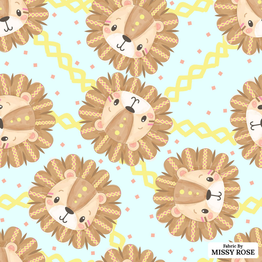 Design 853 Cute Lions Fabric - flat view of the print, zoom in for detail | Fabric by Missy Rose