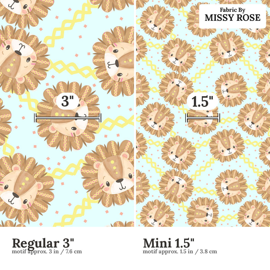 Design 853 Cute Lions Fabric size comparison - print scale | Fabric by Missy Rose