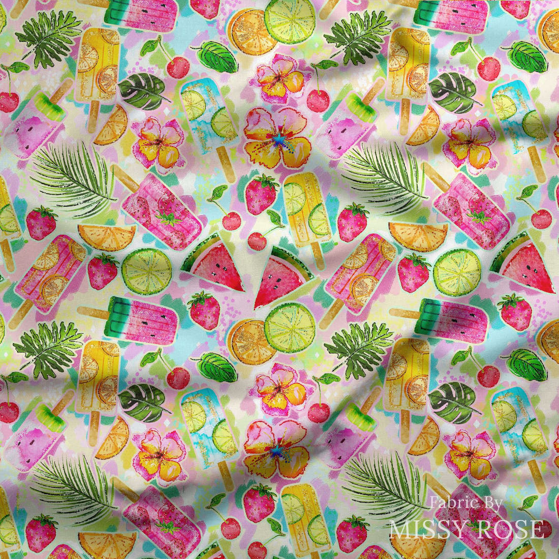Design 854 Summer Fruits Fabric draped fabric mockup – custom printed fabric by the metre | Fabric by Missy Rose