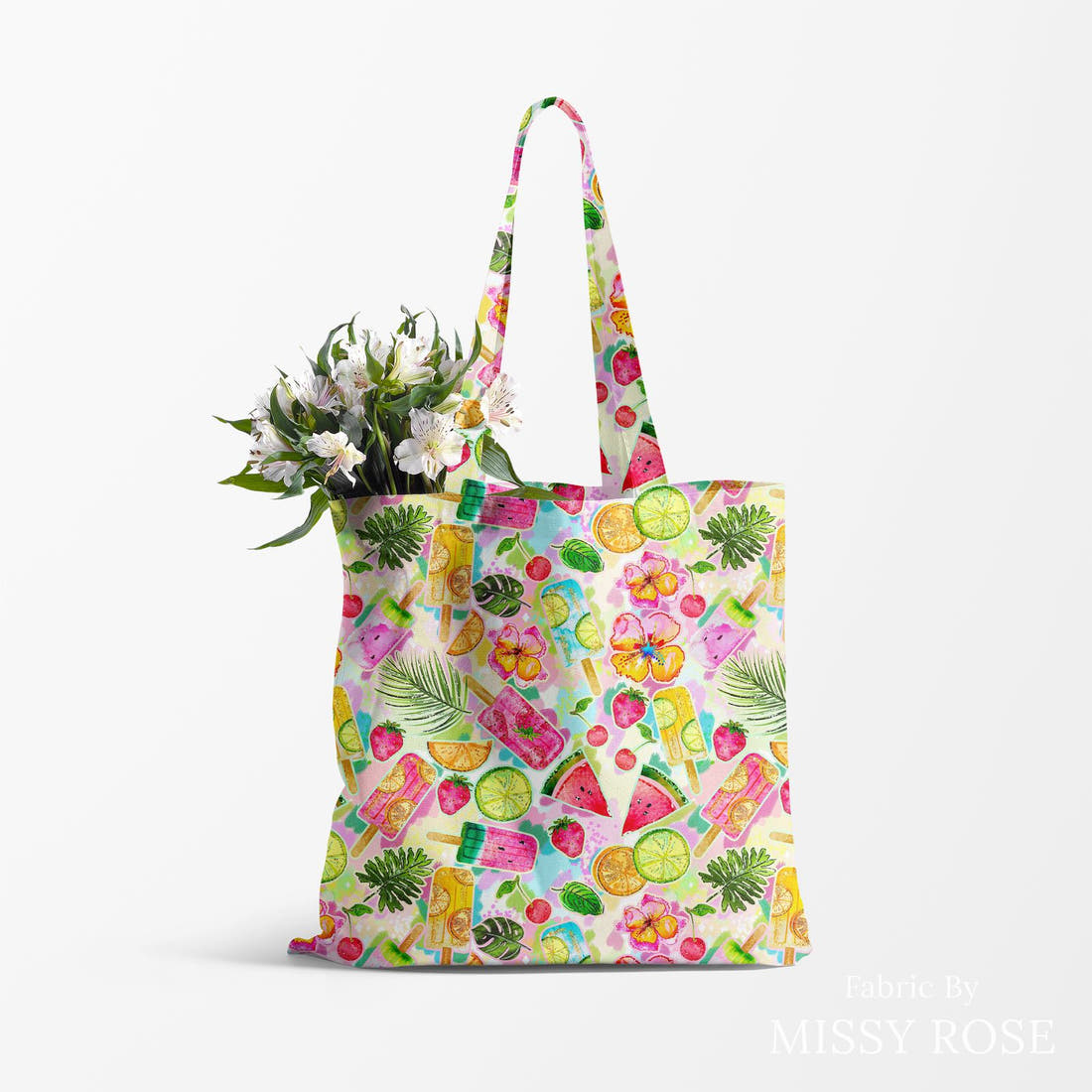 Design 854 Summer Fruits Fabric made up as a tote bag – see how the print looks made up | Fabric by Missy Rose