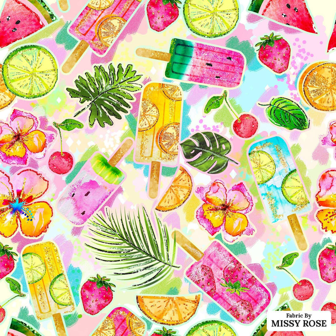 Design 854 Summer Fruits Fabric - flat view of the print, zoom in for detail | Fabric by Missy Rose