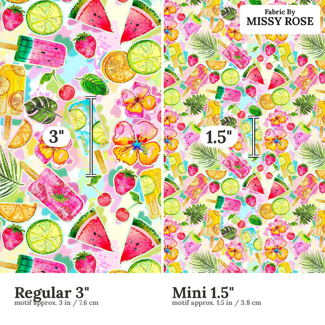 Design 854 Summer Fruits Fabric size comparison - print scale | Fabric by Missy Rose