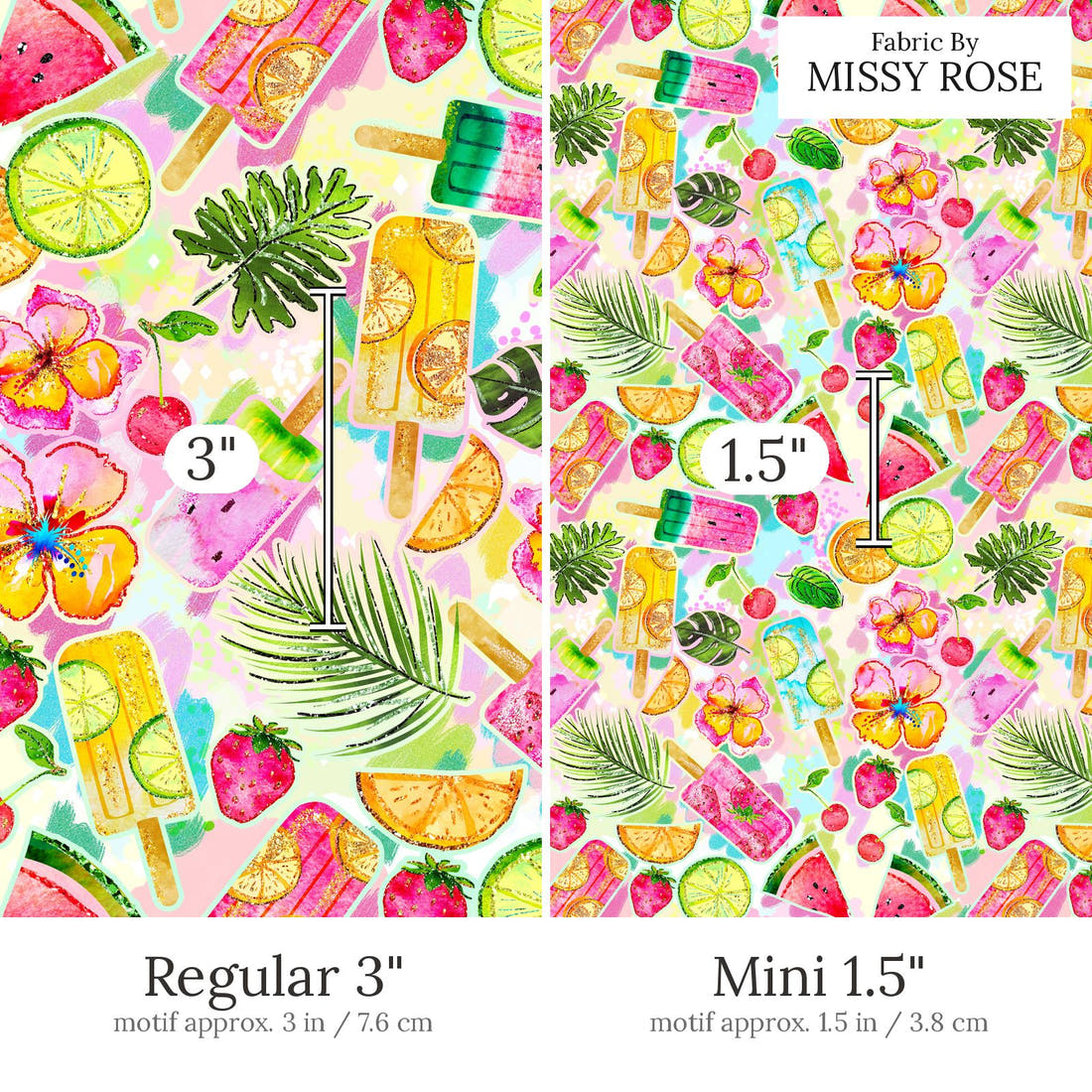 Design 854 Summer Fruits Fabric Regular 3 inch vs Mini 1.5 inch print scale side by side | Fabric by Missy Rose