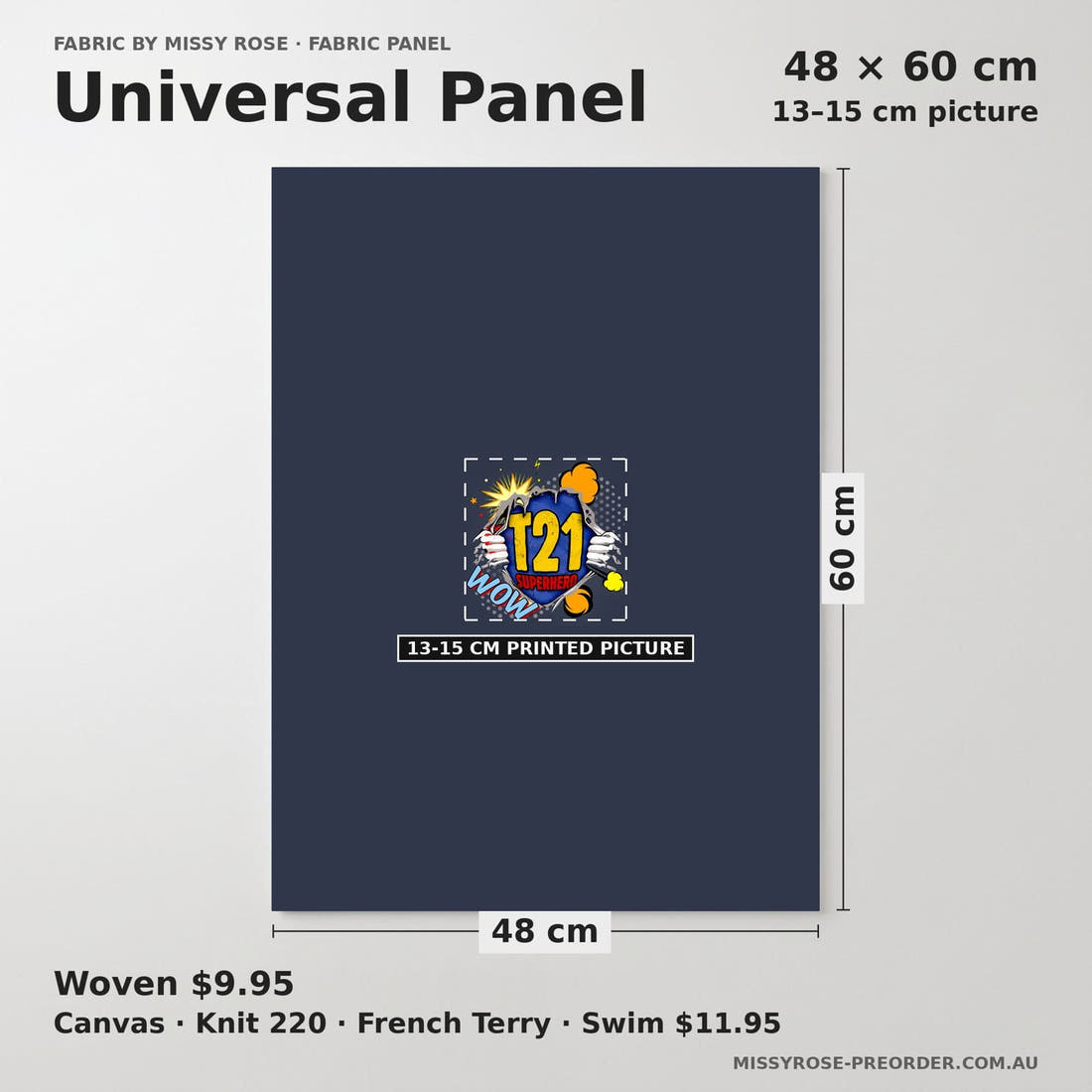 Design 855 T21 Superhero Panel universal panel sizing – 13–15 cm printed picture on 48 × 60 cm fabric | Fabric by Missy Rose