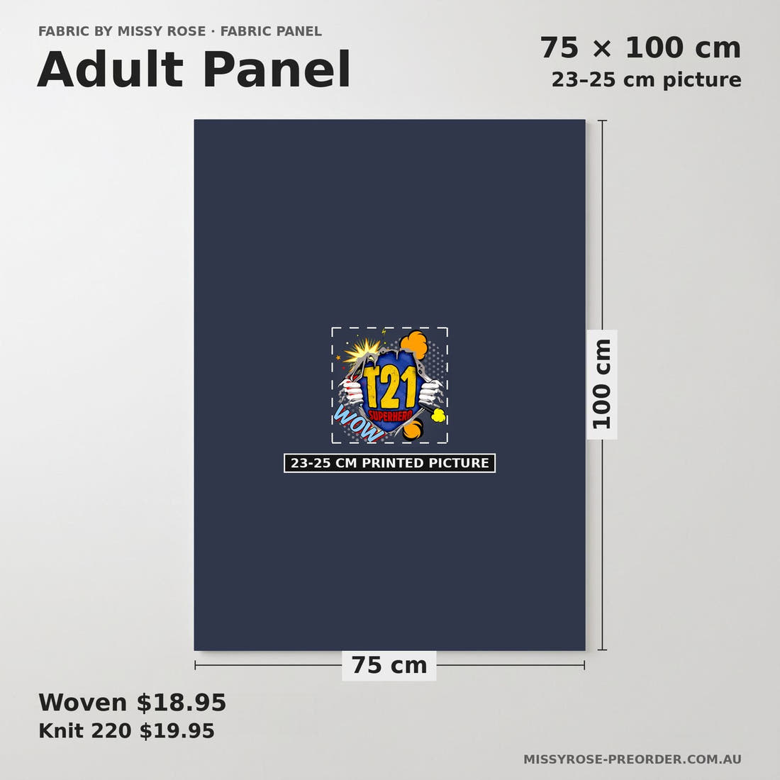 Design 855 T21 Superhero Panel adult panel sizing – 23–25 cm printed picture on 75 × 100 cm fabric | Fabric by Missy Rose