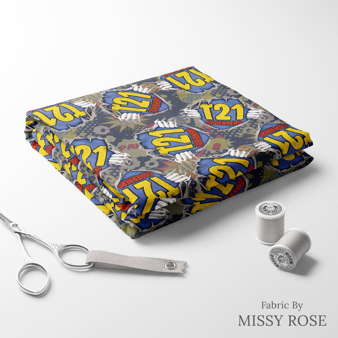 Design 855 T21 Superhero Fabric folded fabric stack with matching thread – pre-order fabric Australia | Fabric by Missy Rose