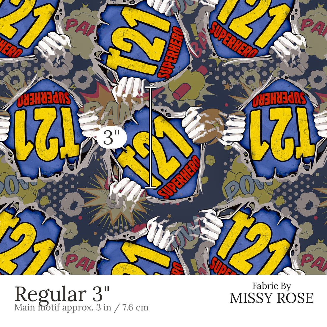 Design 855 T21 Superhero Fabric Regular 3 inch print scale guide | Fabric by Missy Rose