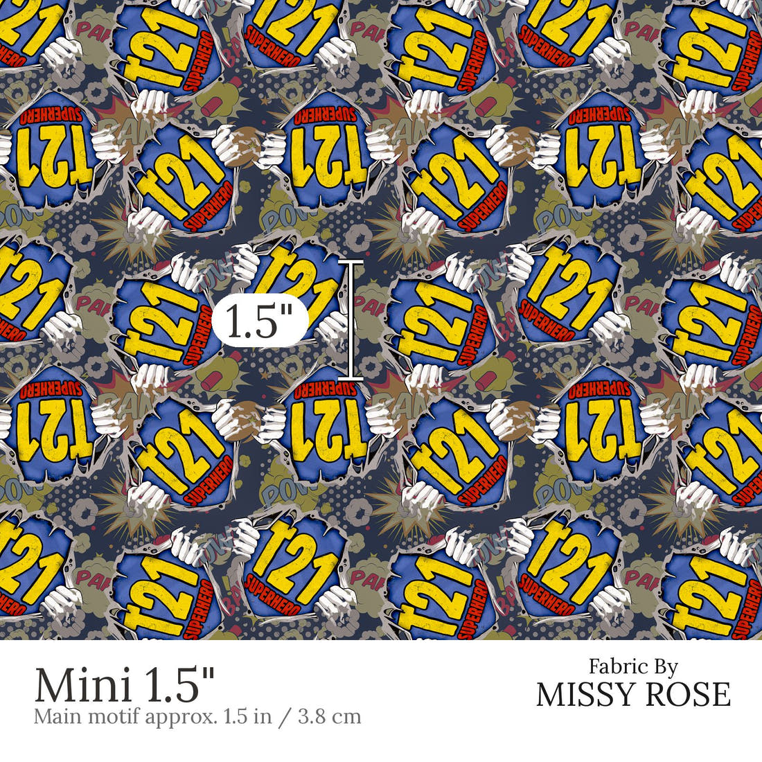 Design 855 T21 Superhero Fabric Mini 1.5 inch print scale guide | Fabric by Missy Rose