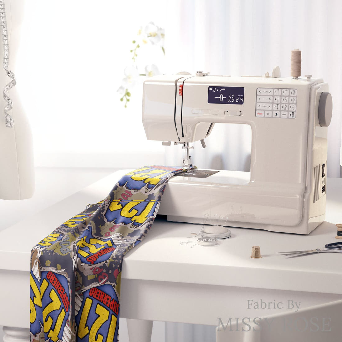 Design 855 T21 Superhero Fabric on a sewing machine – premium fabric for sewing projects | Fabric by Missy Rose