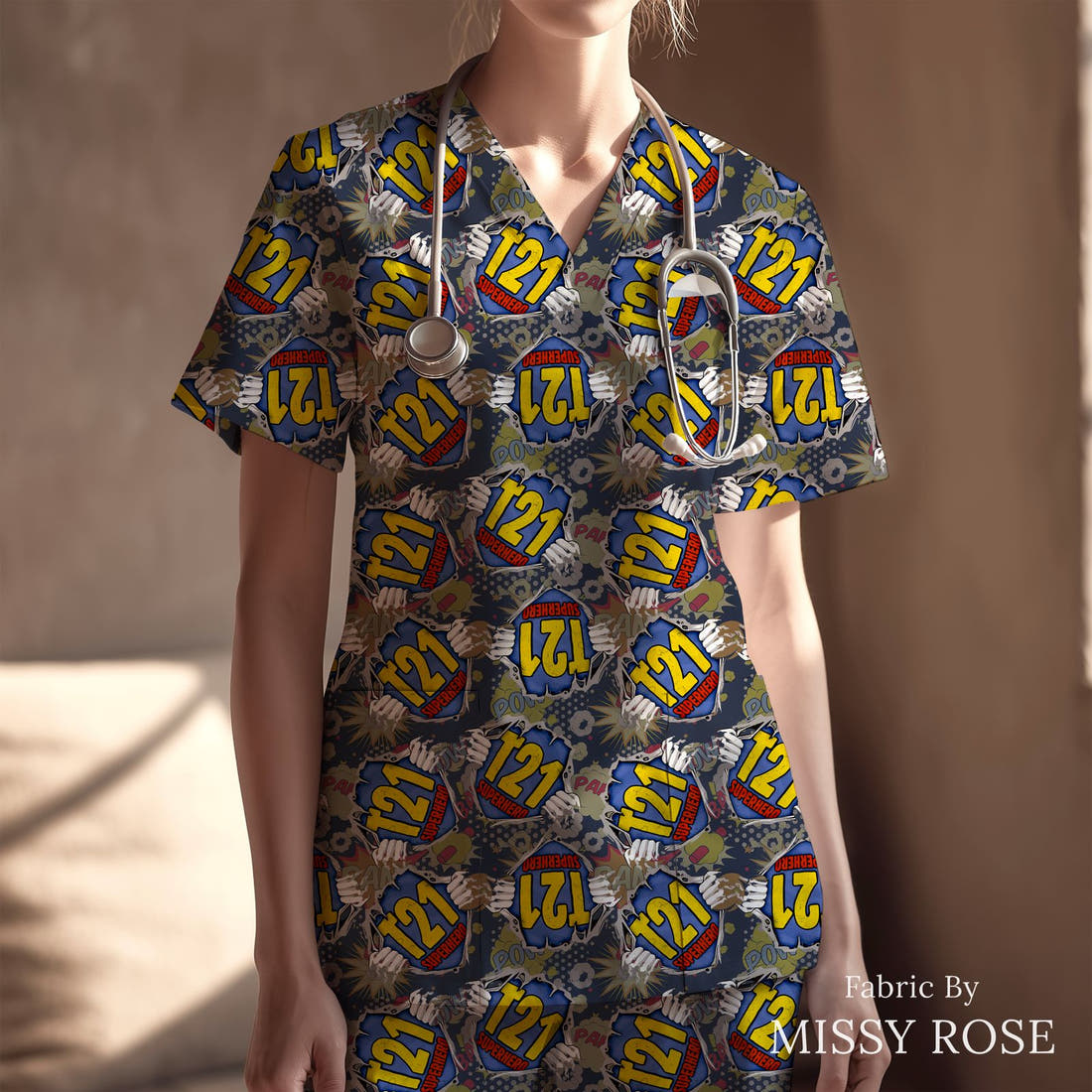 Design 855 T21 Superhero Fabric sewn into a scrubs top – see how the print looks made up | Fabric by Missy Rose
