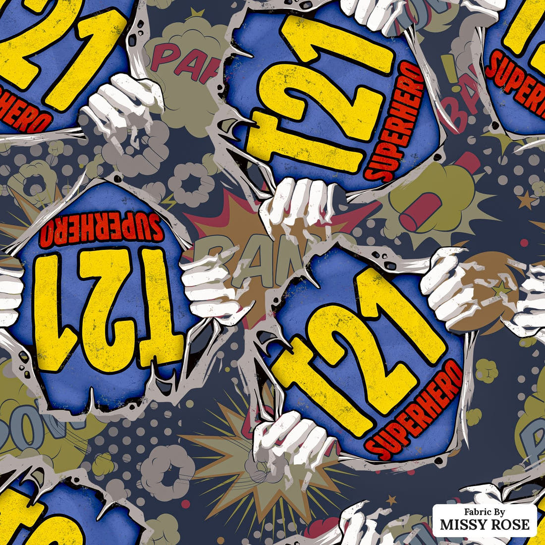Design 855 T21 Superhero Fabric - flat view of the print, zoom in for detail | Fabric by Missy Rose