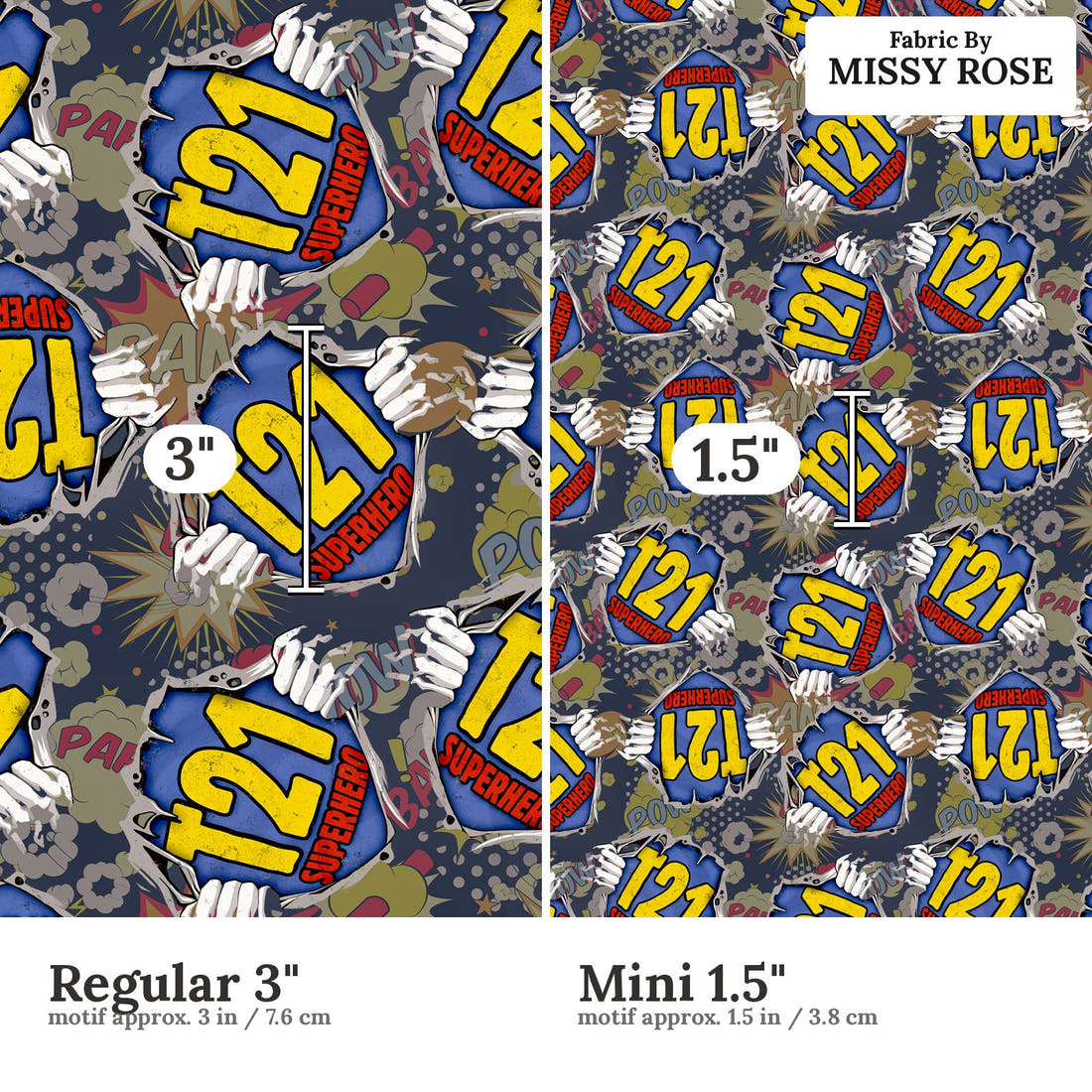 Design 855 T21 Superhero Fabric size comparison - print scale | Fabric by Missy Rose
