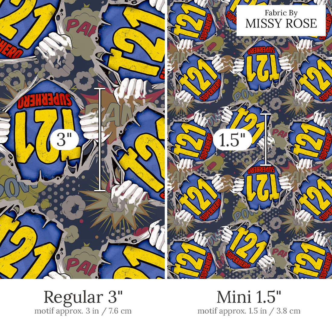 Design 855 T21 Superhero Fabric Regular 3 inch vs Mini 1.5 inch print scale side by side | Fabric by Missy Rose