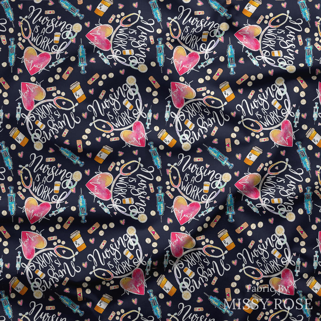 Design 856 Navy Nursing Fabric draped fabric mockup – custom printed fabric by the metre | Fabric by Missy Rose