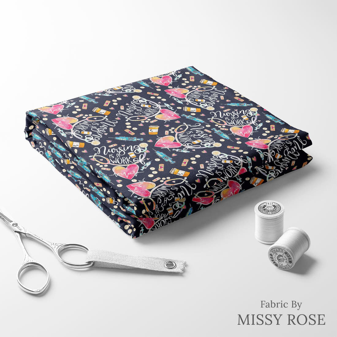 Design 856 Navy Nursing Fabric folded fabric stack with matching thread – pre-order fabric Australia | Fabric by Missy Rose