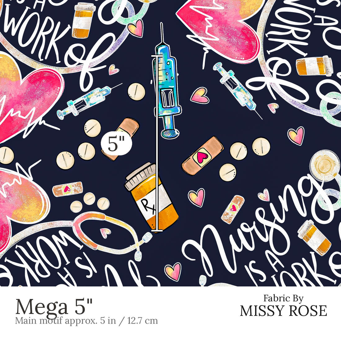 Design 856 Navy Nursing Fabric Mega 5 inch print scale guide | Fabric by Missy Rose