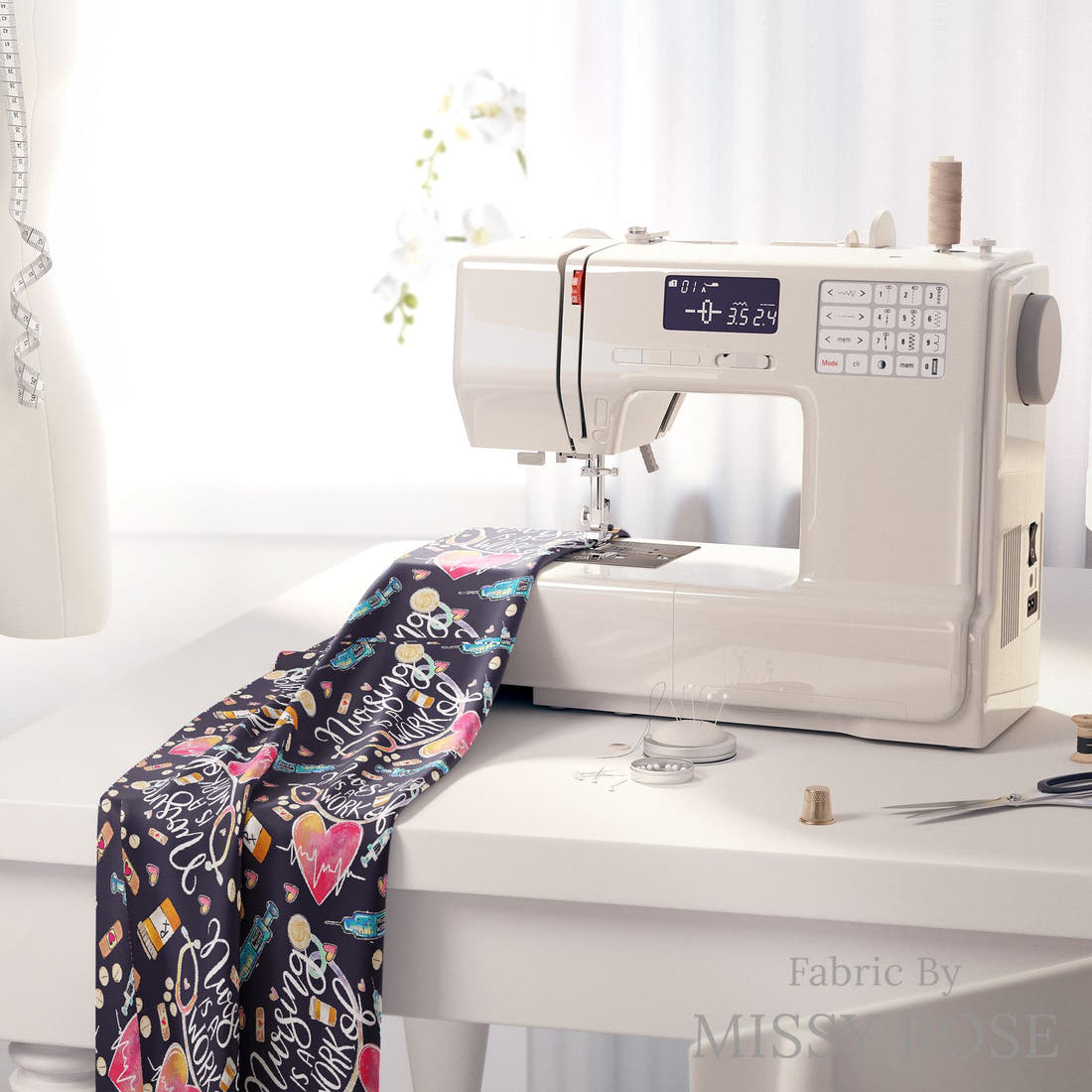 Design 856 Navy Nursing Fabric on a sewing machine – premium fabric for sewing projects | Fabric by Missy Rose