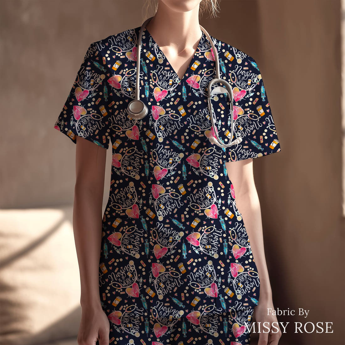 Design 856 Navy Nursing Fabric sewn into a scrubs top – see how the print looks made up | Fabric by Missy Rose
