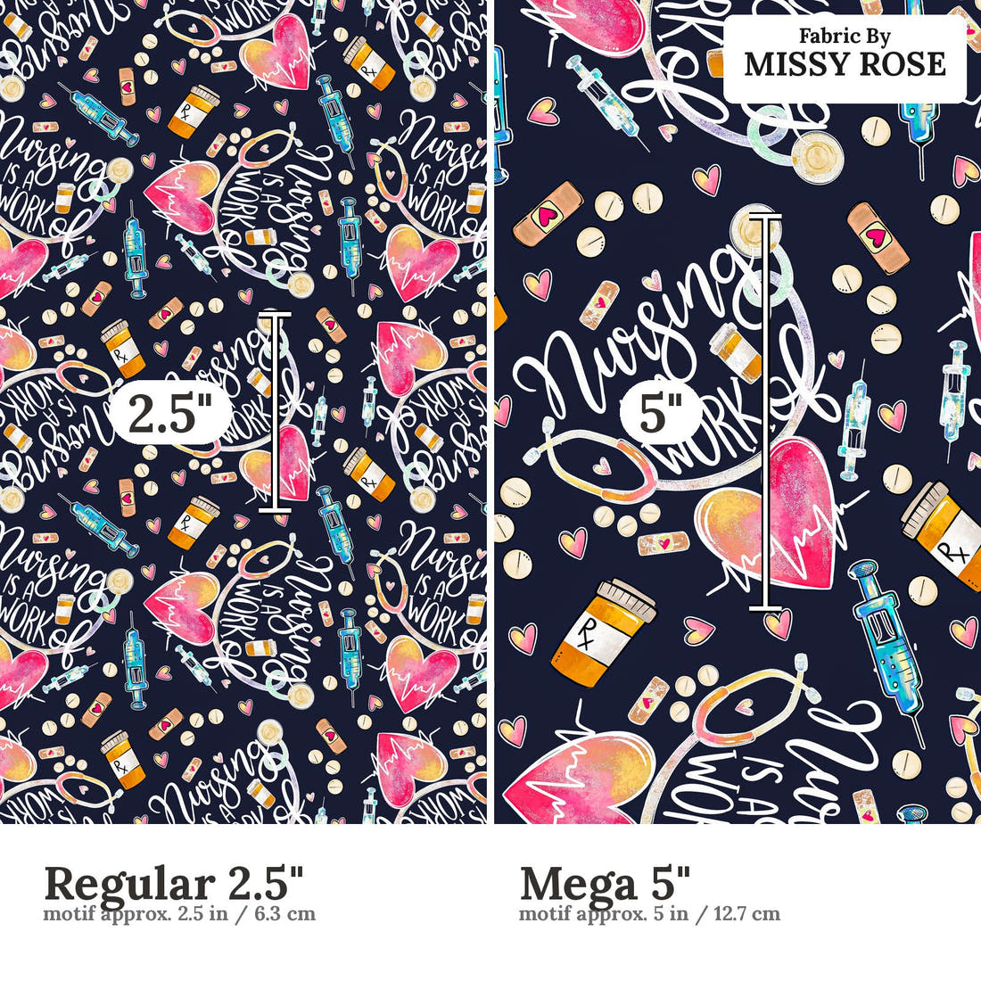 Design 856 Navy Nursing Fabric size comparison - print scale | Fabric by Missy Rose
