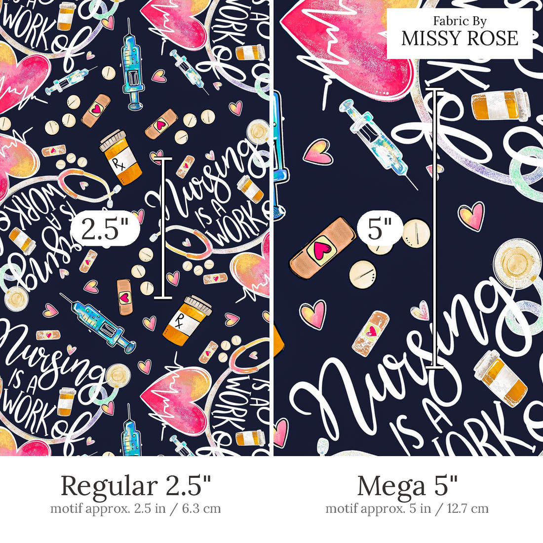 Design 856 Navy Nursing Fabric Regular 2.5 inch vs Mega 5 inch print scale side by side | Fabric by Missy Rose
