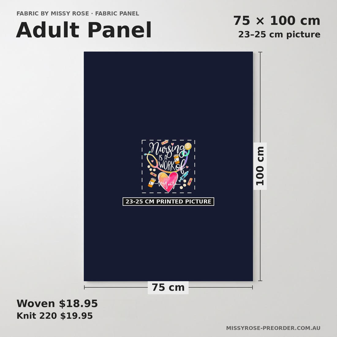 Design 856 Navy Nursing Panel adult panel sizing – 23–25 cm printed picture on 75 × 100 cm fabric | Fabric by Missy Rose