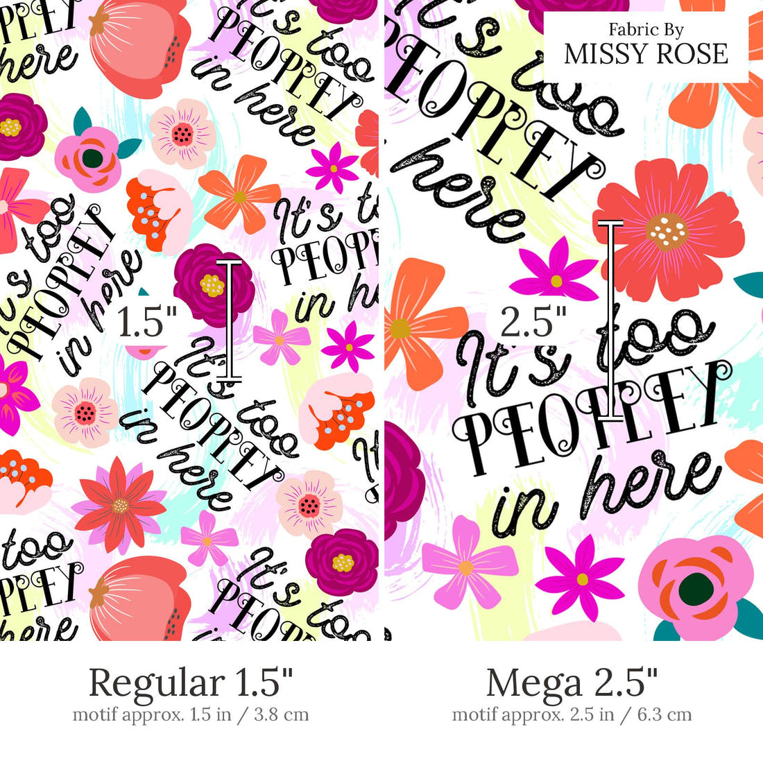 Design 857 Peoply Fabric Regular 1.5 inch vs Mega 2.5 inch print scale side by side | Fabric by Missy Rose