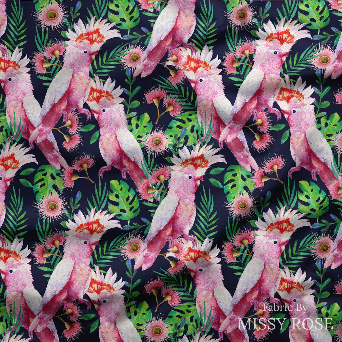 Design 858 Bird Fabric draped fabric mockup – custom printed fabric by the metre | Fabric by Missy Rose
