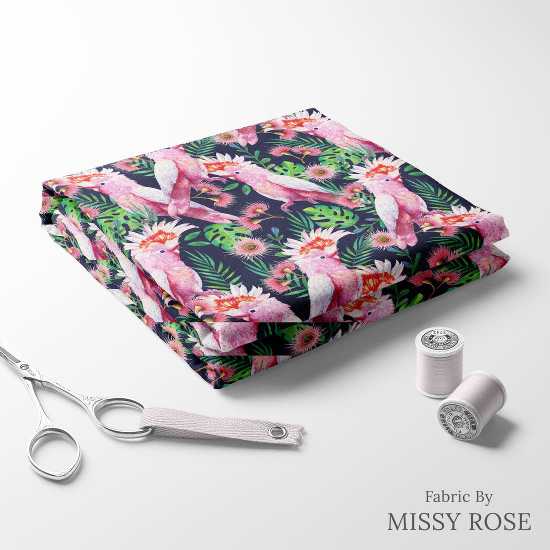 Design 858 Bird Fabric folded fabric stack with matching thread – pre-order fabric Australia | Fabric by Missy Rose