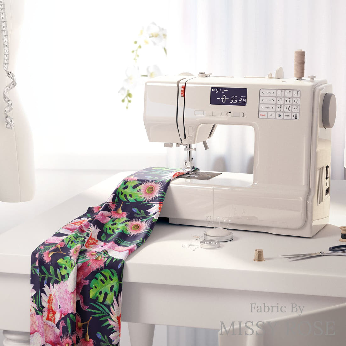 Design 858 Bird Fabric on a sewing machine – premium fabric for sewing projects | Fabric by Missy Rose