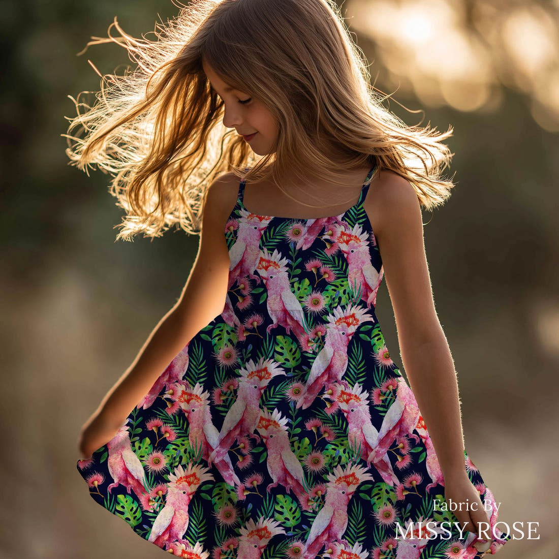 Design 858 Bird Fabric sewn into a girls' dress – see how the print looks made up | Fabric by Missy Rose
