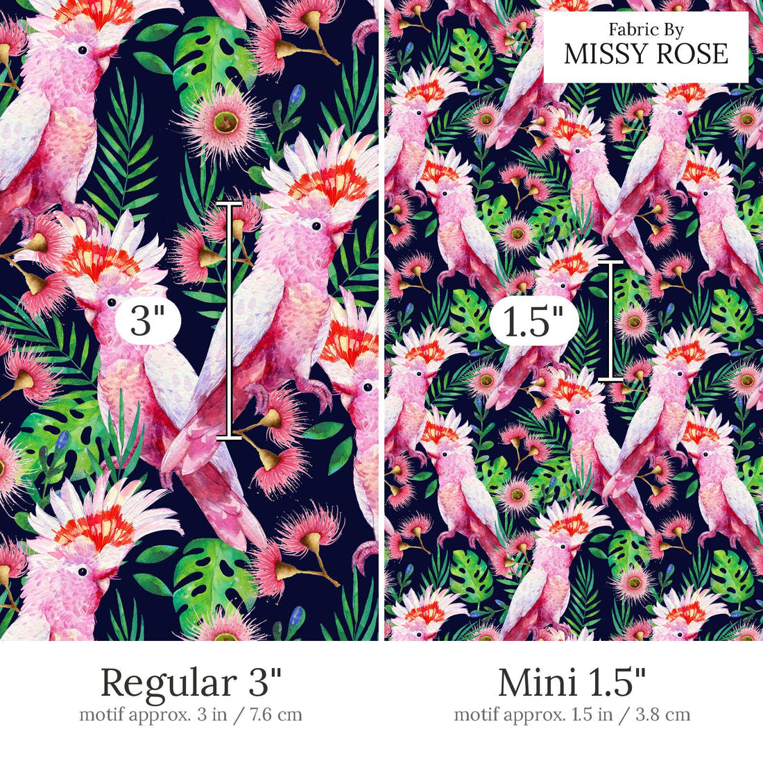Design 858 Bird Fabric Regular 3 inch vs Mini 1.5 inch print scale side by side | Fabric by Missy Rose