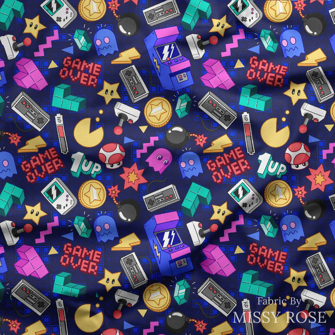 Design 859 Retro Arcade Fabric draped fabric mockup – custom printed fabric by the metre | Fabric by Missy Rose