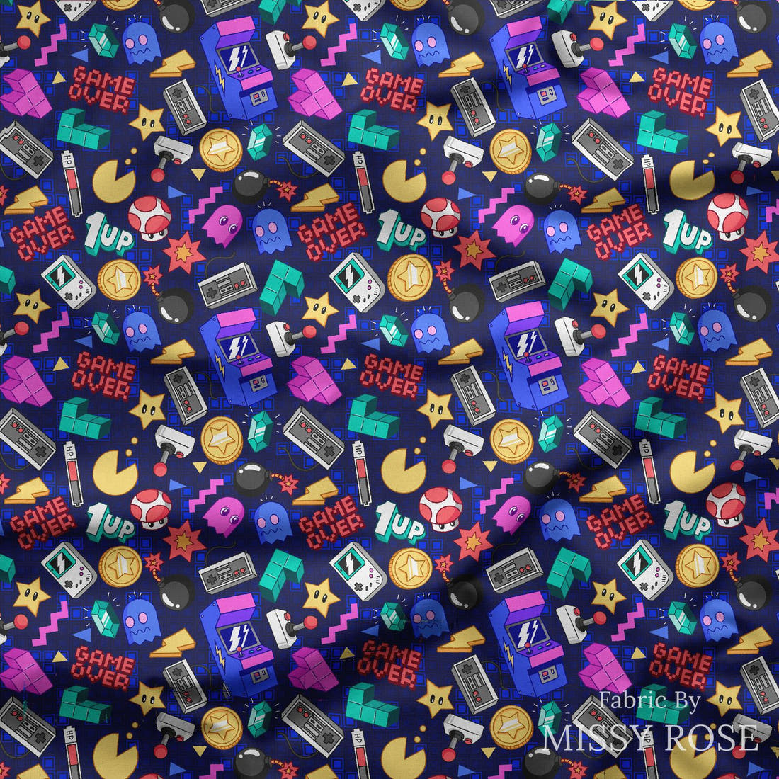 Design 859 Retro Arcade Fabric draped fabric mockup – custom printed fabric by the metre | Fabric by Missy Rose