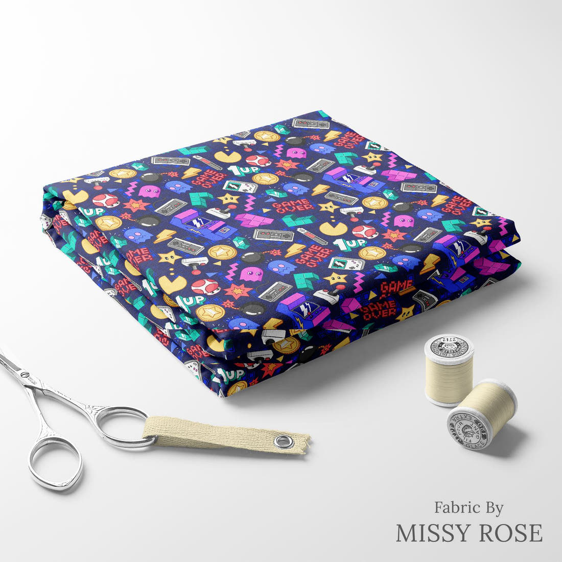 Design 859 Retro Arcade Fabric folded fabric stack with matching thread – pre-order fabric Australia | Fabric by Missy Rose