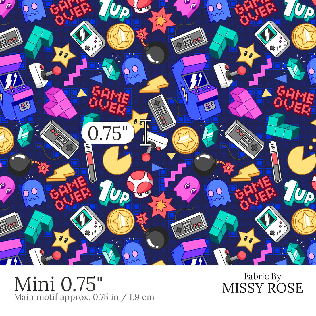 Design 859 Retro Arcade Fabric Mini 0.75 inch print scale guide | Fabric by Missy Rose