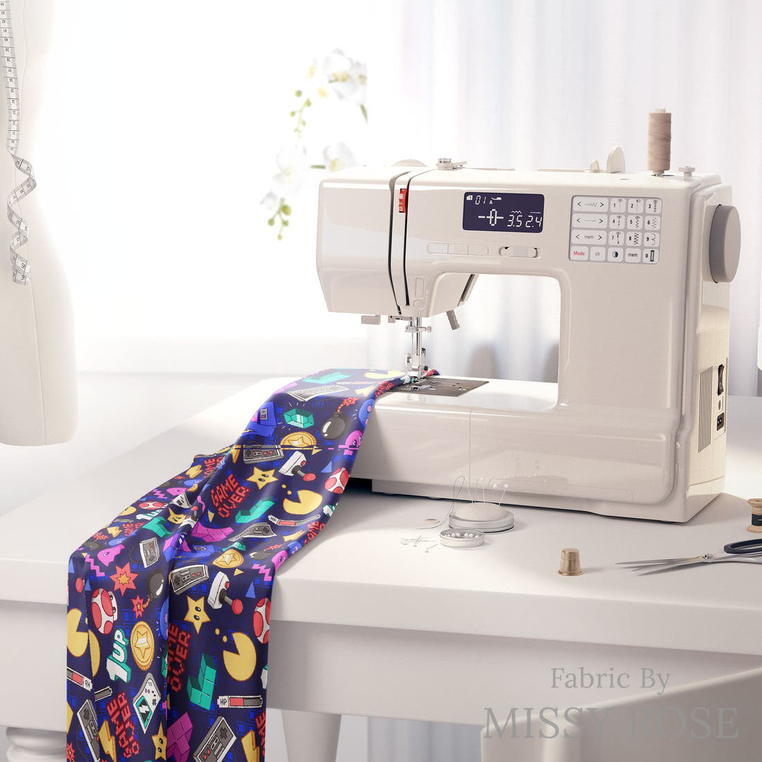 Design 859 Retro Arcade Fabric on a sewing machine – premium fabric for sewing projects | Fabric by Missy Rose