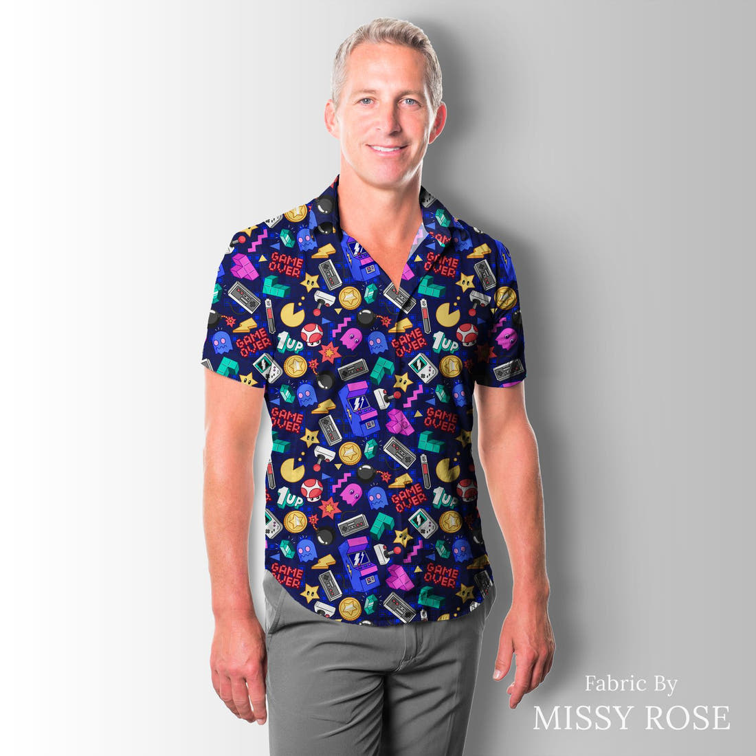 Design 859 Retro Arcade Fabric sewn into a men's shirt – see how the print looks made up | Fabric by Missy Rose