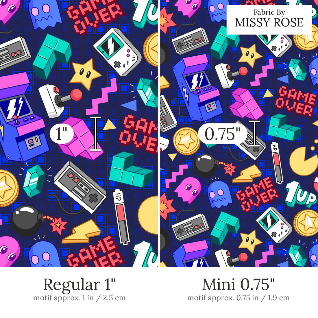 Design 859 Retro Arcade Fabric Regular 1 inch vs Mini 0.75 inch print scale side by side | Fabric by Missy Rose