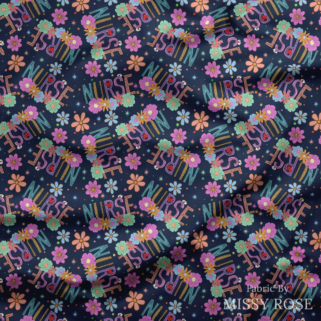 Design 86 Navy Nurse Fabric draped fabric mockup – custom printed fabric by the metre | Fabric by Missy Rose