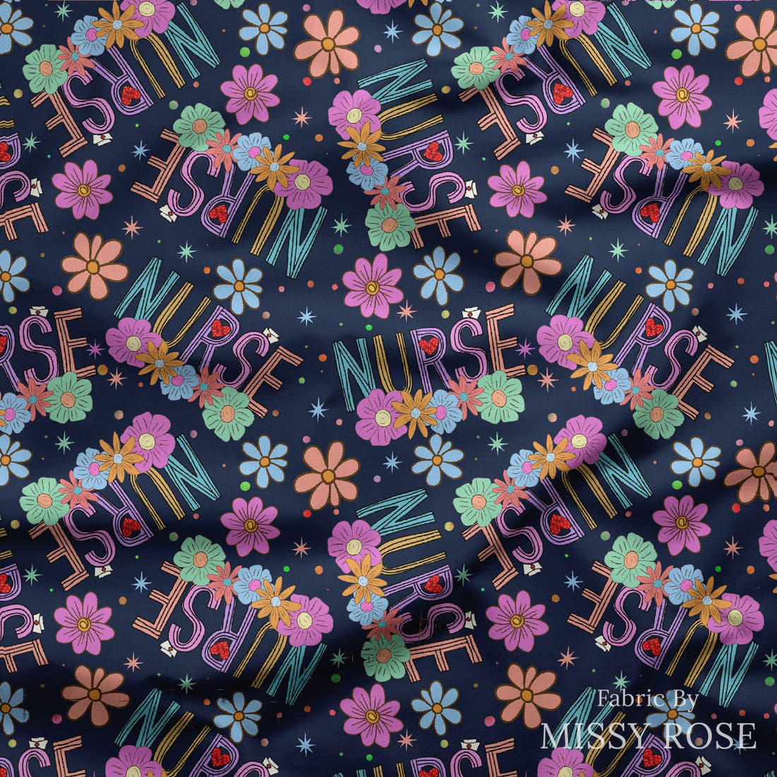 Design 86 Navy Nurse Fabric draped fabric mockup – custom printed fabric by the metre | Fabric by Missy Rose
