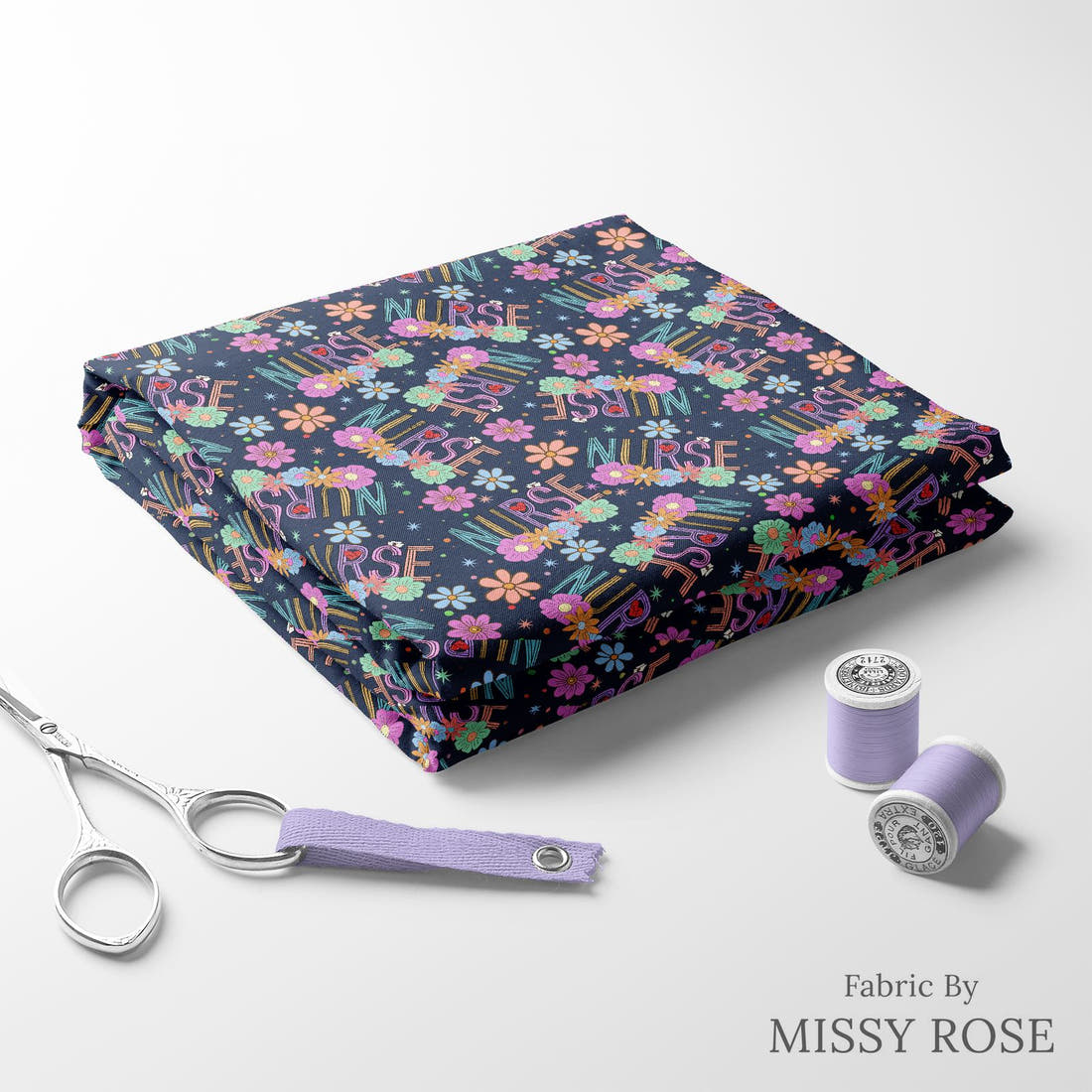 Design 86 Navy Nurse Fabric folded fabric stack with matching thread – pre-order fabric Australia | Fabric by Missy Rose