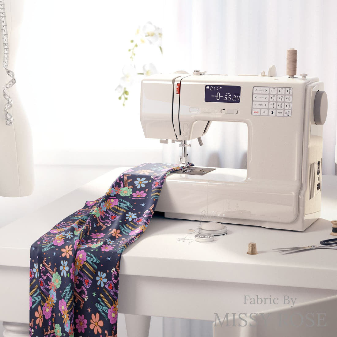Design 86 Navy Nurse Fabric on a sewing machine – premium fabric for sewing projects | Fabric by Missy Rose