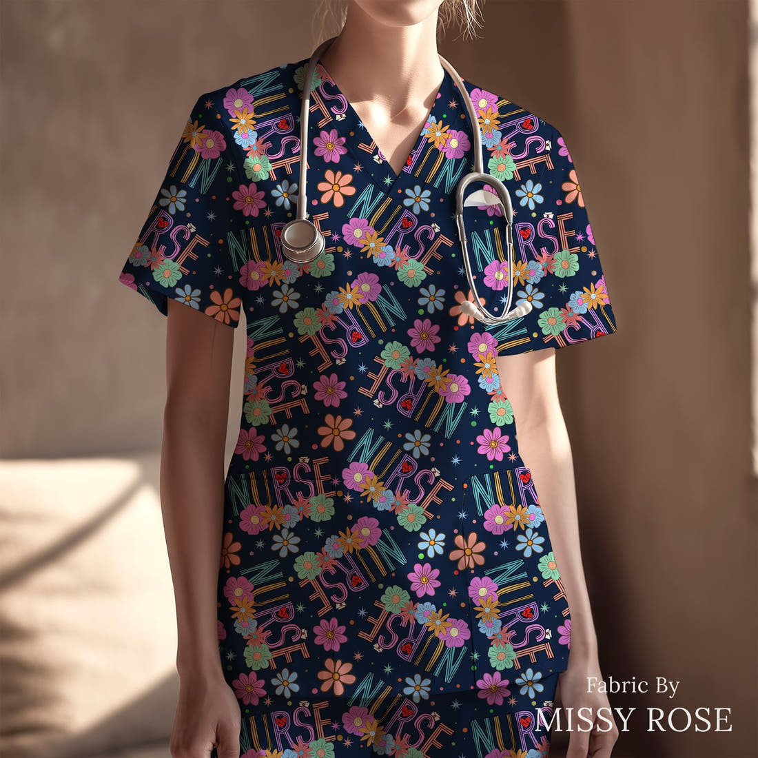 Design 86 Navy Nurse Fabric sewn into a scrubs top – see how the print looks made up | Fabric by Missy Rose