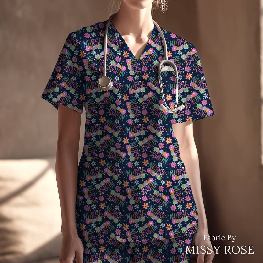 Design 86 Navy Nurse Fabric sewn into a scrubs top – see how the print looks made up | Fabric by Missy Rose