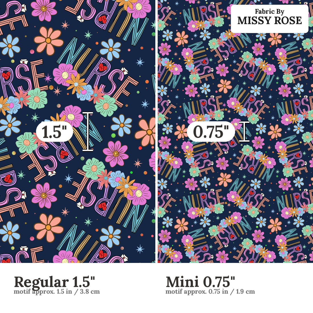 Design 86 Navy Nurse Fabric size comparison - print scale | Fabric by Missy Rose